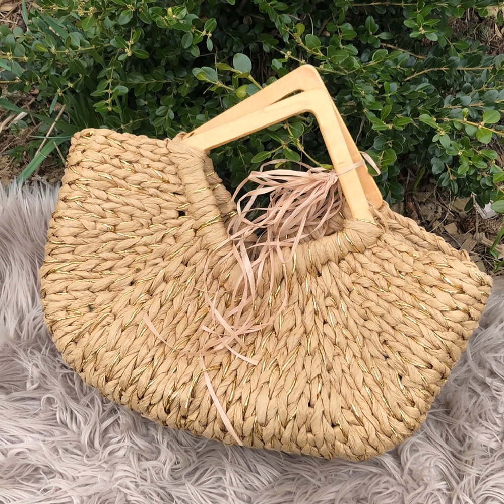Woven Tote-Natural Color With Gold Toned Threads-Wooden Arm Carry Handles